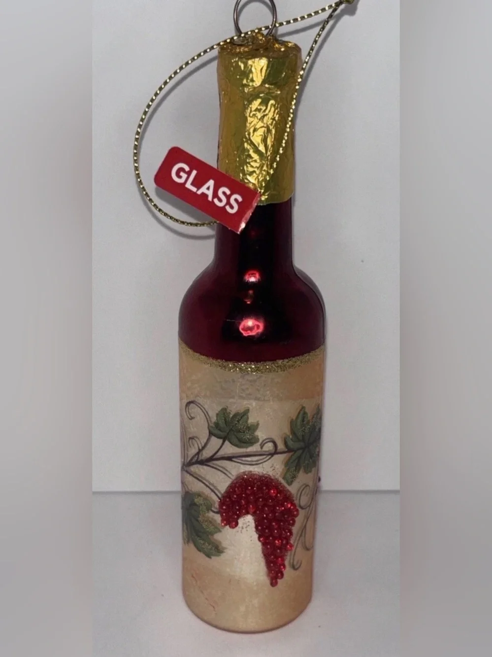 Vintage Red Wine Bottle Hand Blown Glass Christmas Ornament Beaded Hand Painted
